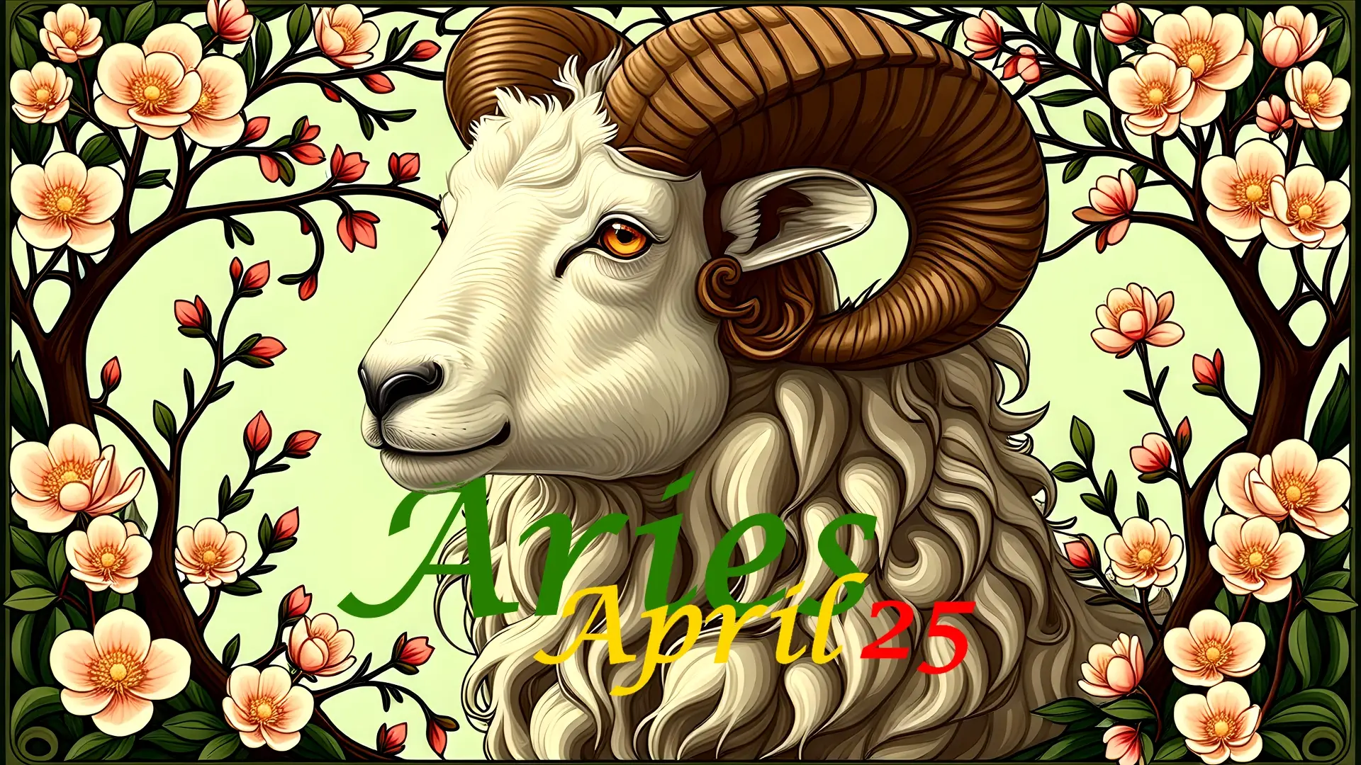 Aries the Ram in April as the first blossoms bloom in an Art Nouveau style.