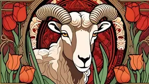 An Art Nouveau depiction of Aries the Ram surrounded by tulips.