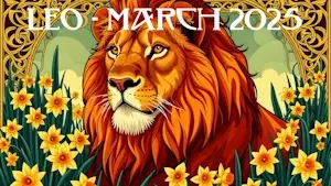 Leo the Lion in a meadow in March with daffodils growing all around.