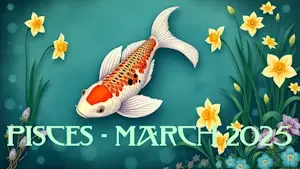A koi swims in a pond. Daffodils grow on the banks.
