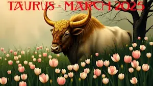 Taurus the Bull in a field as the tulips rise in March.