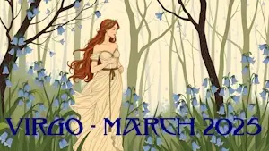 Virgo wanders through woodland bedecked with bluebells.