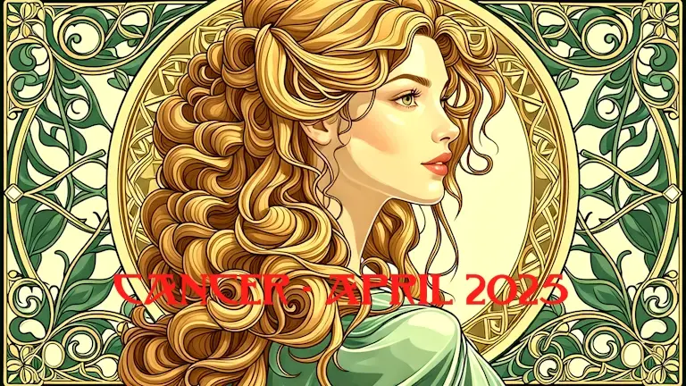 A Celtic Art Nouveau depiction of a woman. The title reads "Cancer April 2025"