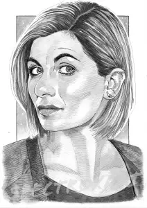 A pencil drawing of Jodie Whittaker as Doctor Who.