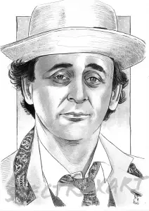 A pencil drawing of Sylvester McCoy as Doctor Who.