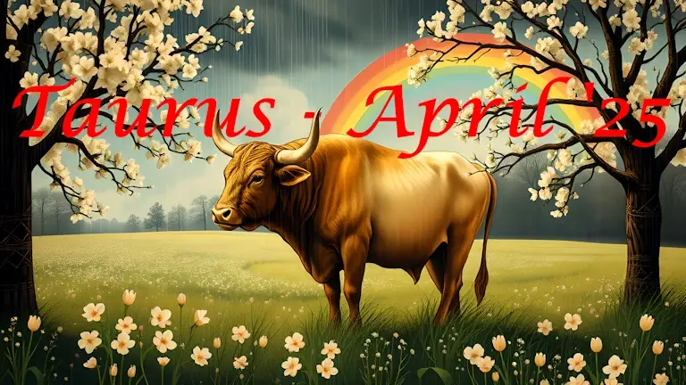 Taurus the Bull stands in an April field. There is blossom on the trees and a rainbow in the sky.
