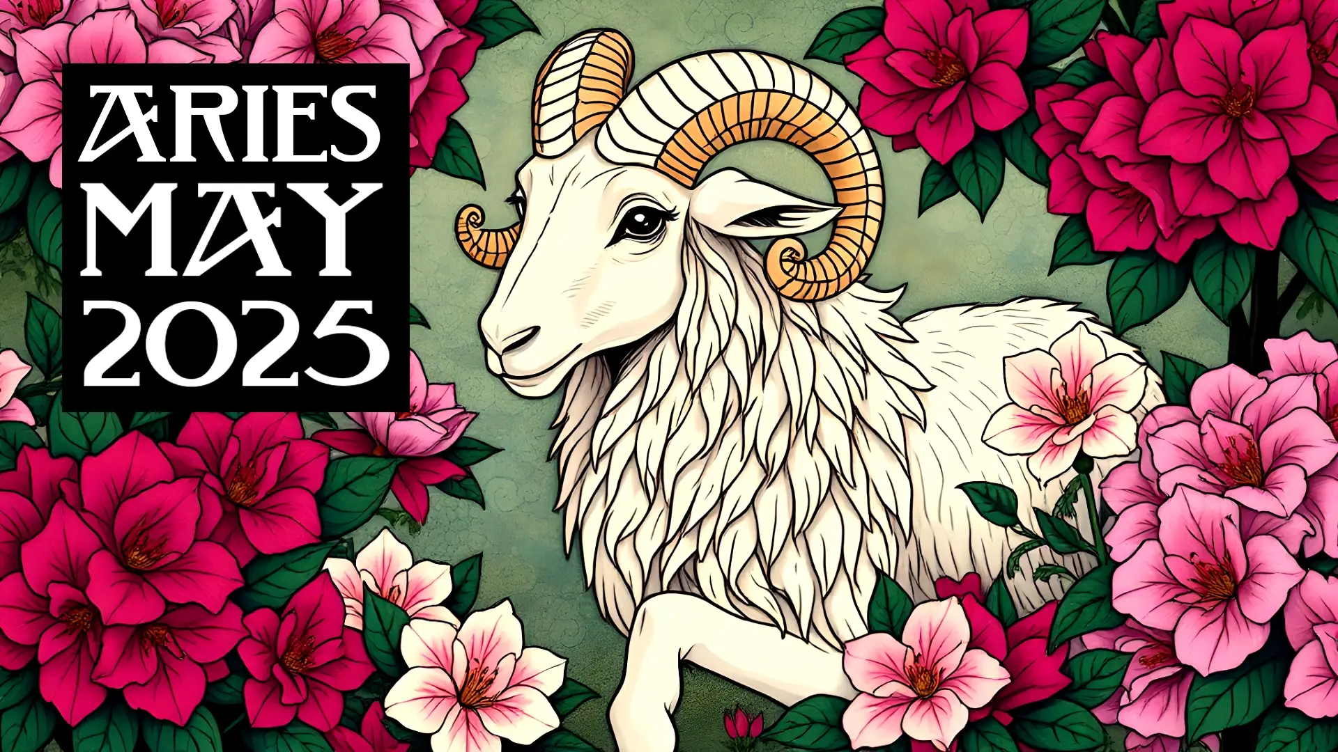 Aries the Ram surrounded by May flowers. Text reads Aries May 2025