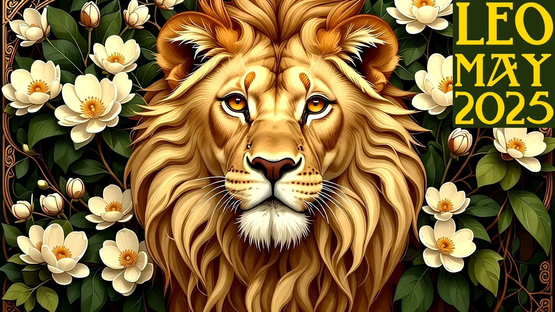 Leo the Lion surrounded by May flowers in a Celtic Nouveau style