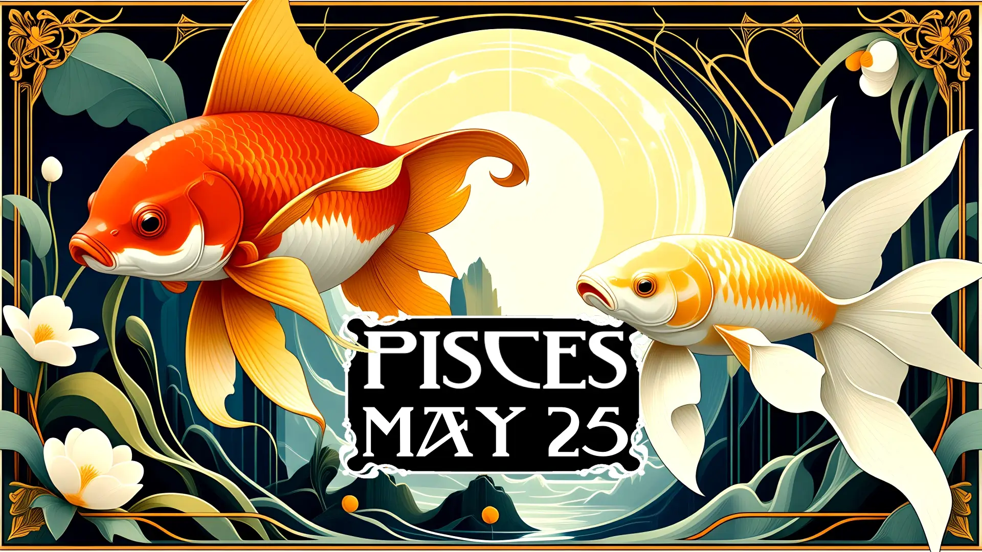 Two ornamental fish set against the sun and the flowers of May in a Celtic Nouveau style.