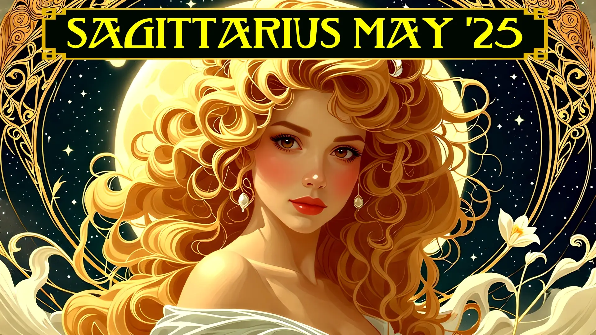 A Celtic Nouveau depiction of a woman. The title reads "Sagittarius May 2025"