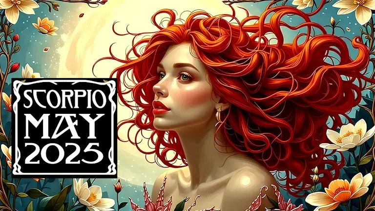 A flame-haired woman in a May field in a Celtic Nouveau style. The panel reads "Libra May 2025"