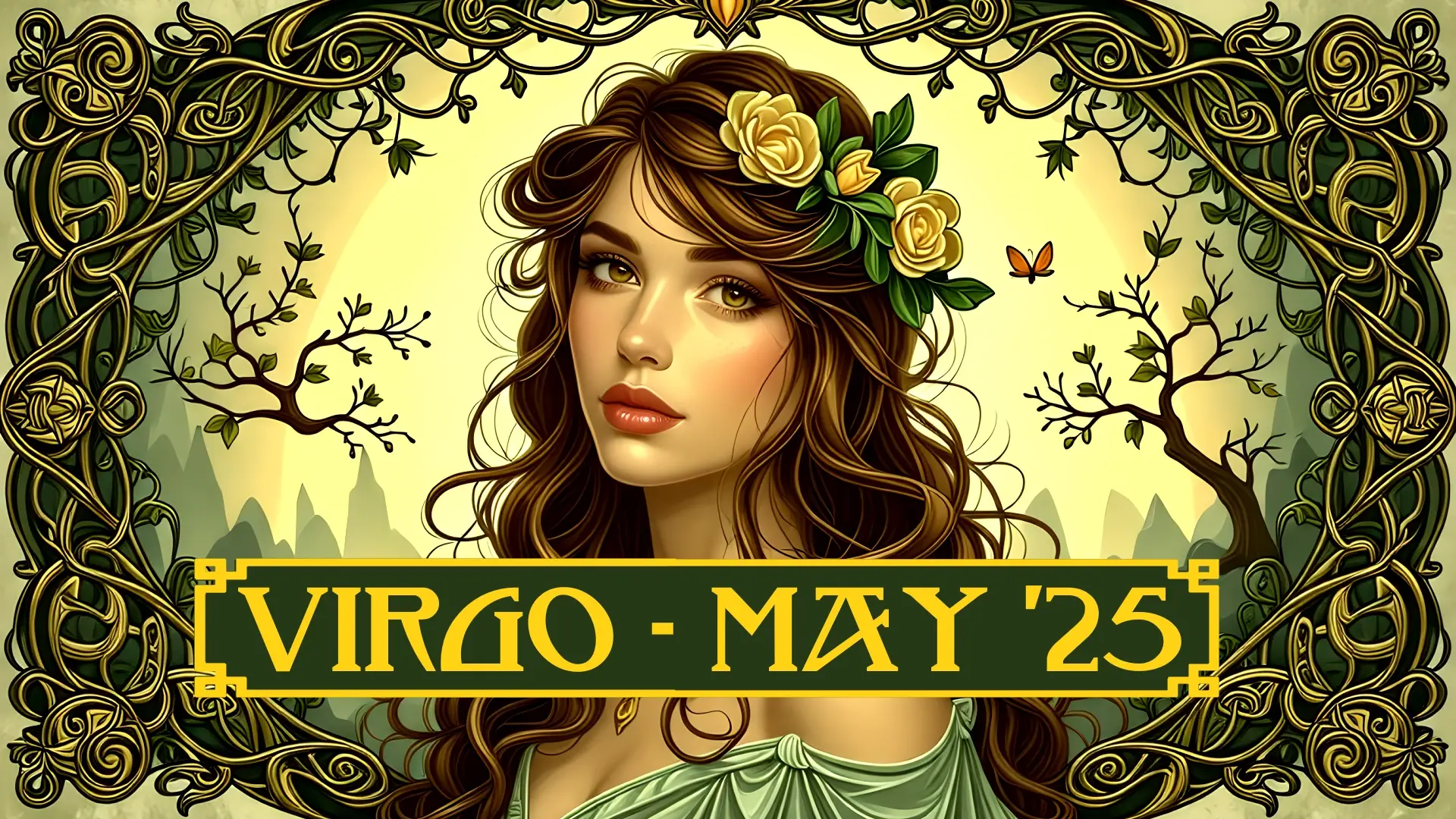 A woman with flowers in her hair in an Art Nouveau style. The label reads "Virgo May '25"