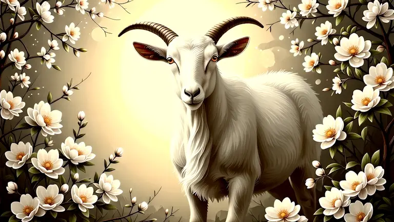 Capricorn the Goat surrounded by flowers as the sun rises.