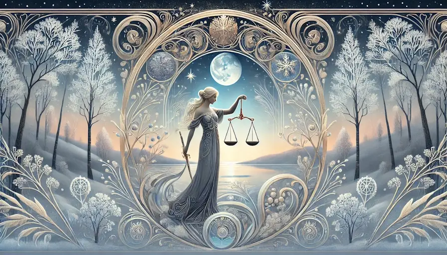 Libra with her scales in the light of a full moon.