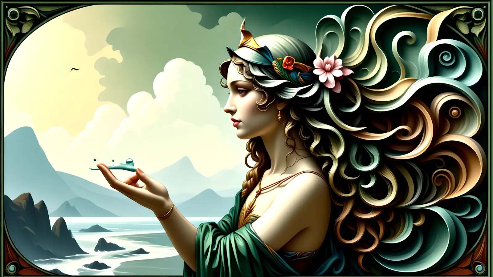Aquarius the Water Carrier. An Art Nouveau depiction of a woman holding water in her hand against a dramatic sea and sky.