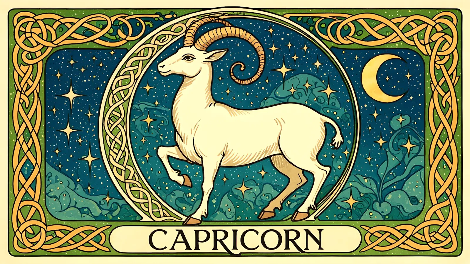 Capricorn the goat against the night sky in a Celtic knotwork border