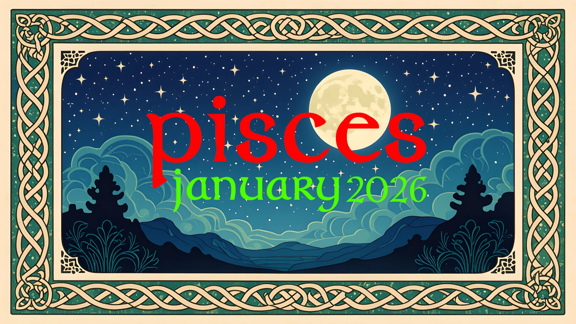 A nocturnal landscape set in a Celtic knotwork frame. The words "Pisces January 2026" are overlaid.