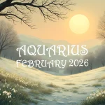 A snowy February landscape scene. The legend reads "Aquarius - February 2026"