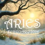 A snowy February landscape scene. The legend reads "Aries - February 2026"