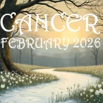 A snowy February landscape scene. The legend reads "Cancer - February 2026"