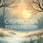 A snowy February landscape scene. The legend reads "Capricorn - February 2026"