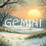 A snowy February landscape scene. The legend reads "Gemini - February 2026"