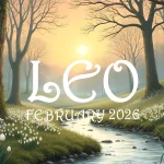A snowy February landscape scene. The legend reads "Leo - February 2026"