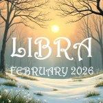 A snowy February landscape scene. The legend reads "Libra - February 2026"