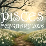 A snowy February landscape scene. The legend reads "Pisces - February 2026"