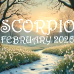 A snowy February landscape scene. The legend reads "Scorpio - February 2026"