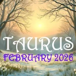 A snowy February landscape scene. The legend reads "Taurus - February 2026"
