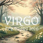 A snowy February landscape scene. The legend reads "Virgo - February 2026"