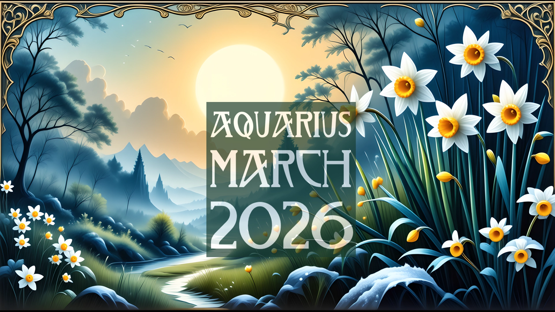 A March landscape with daffodils. The text reads Aquarius March 2026