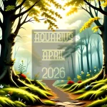 A British springtime woodland scene. A text overlay reads Aquarius April 2026.