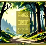 A British springtime woodland scene. A text overlay reads Aries April 2026.