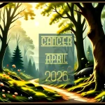 A British springtime woodland scene. A text overlay reads Cancer April 2026.