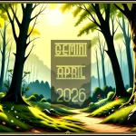 A British springtime woodland scene. A text overlay reads Gemini April 2026.