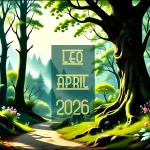 A British springtime woodland scene. A text overlay reads Leo April 2026.