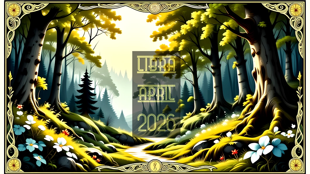 A British springtime woodland scene. A text overlay reads Libra April 2026.