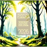 A British springtime woodland scene. A text overlay reads Pisces April 2026.