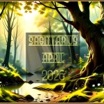 A British springtime woodland scene. A text overlay reads Sagittarius April 2026.