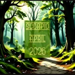A British springtime woodland scene. A text overlay reads Scorpio April 2026.