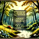 A British springtime woodland scene. A text overlay reads Taurus April 2026.