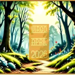 A British springtime woodland scene. A text overlay reads Virgo April 2026.