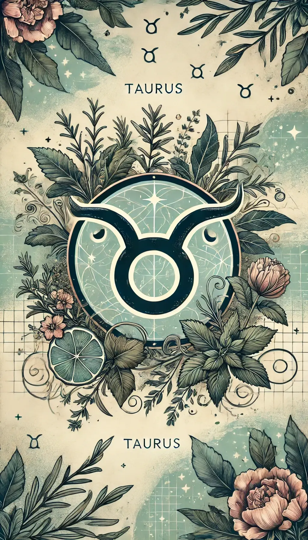 A Taurus symbol with the zodiac sign's associated herbs - rosemary, thyme and mint