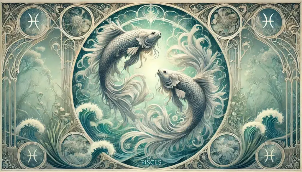 Two ornamental fish swim together in a circular frame decorated with the Pisces zodiac symbol
