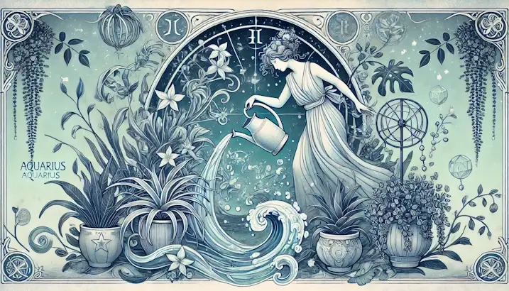 Plants for Aquarius. Art Nouveau illustration of a water bearer surrounded by Air Plant, String of Pearls, and Chinese Money Plant.