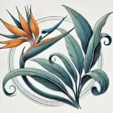 Art Nouveau illustration of a Bird of Paradise with large leaves and striking flowers.