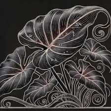 Art Nouveau illustration of a Black Velvet Alocasia with dark, velvety leaves.