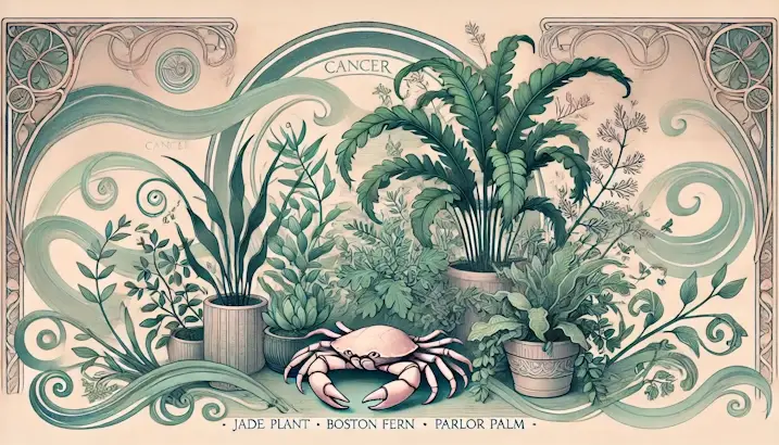 Plants for Cancer. Art Nouveau illustration of a crab surrounded by Jade Plant, Boston Fern, and Parlor Palm.